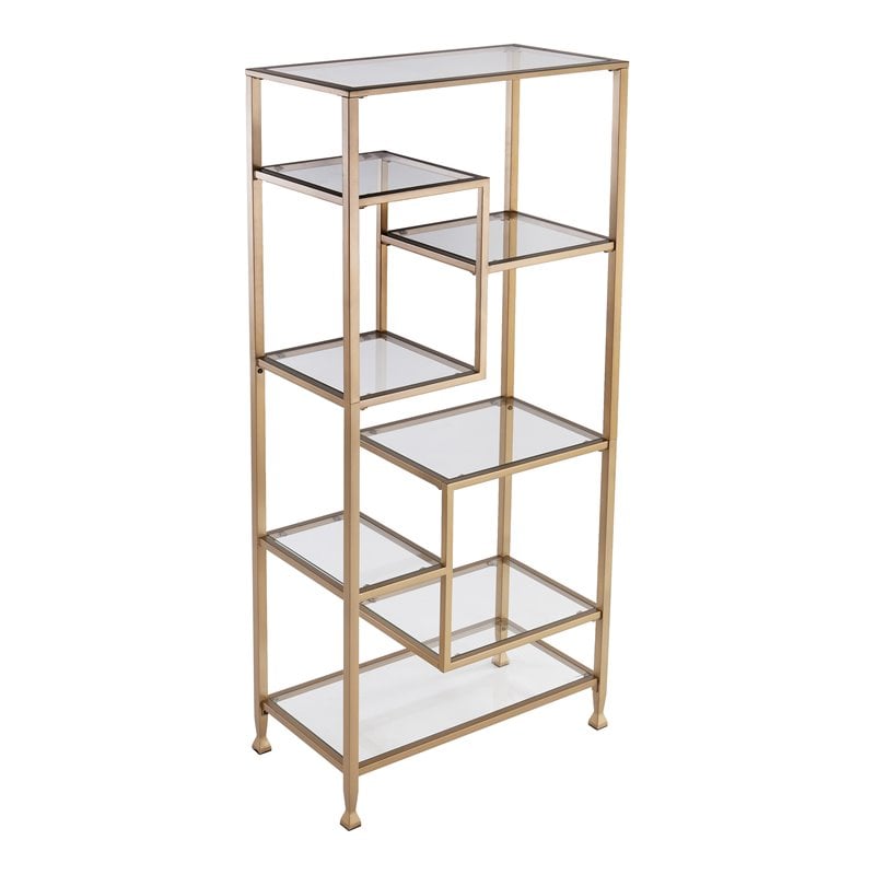 Maklaine Contemporary Metal-Glass Asymmetrical Bookcase in Soft Gold