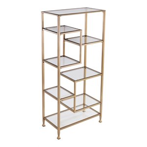 maklaine contemporary metal-glass asymmetrical bookcase in soft gold
