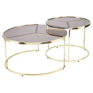 Maklaine Contemporary 2-Piece Metal Nesting Cocktail Table Set in Brass