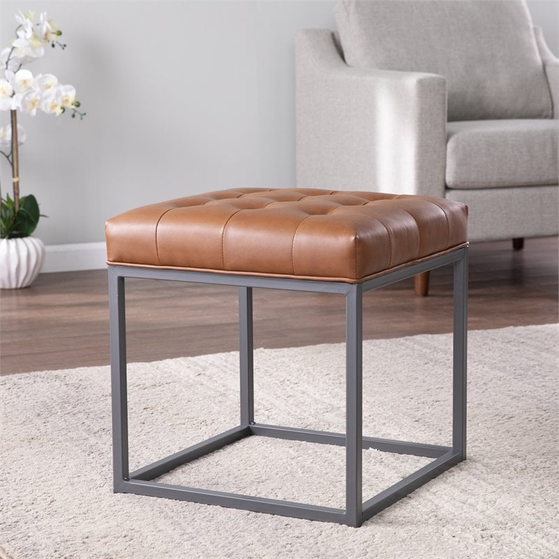 Maklaine Square Bonded Leather Upholstered Ottoman in Brown