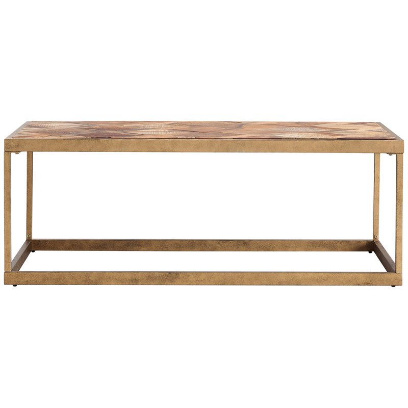 Maklaine Modern Patchwork Wood Top Coffee Table in Brass Finish