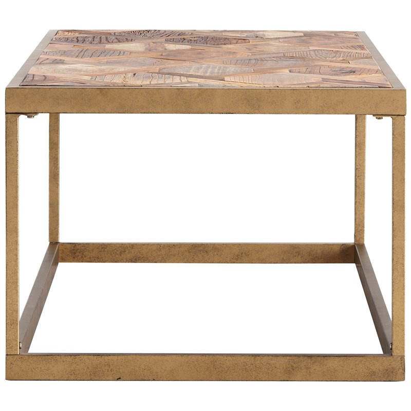 Maklaine Modern Patchwork Wood Top Coffee Table in Brass Finish