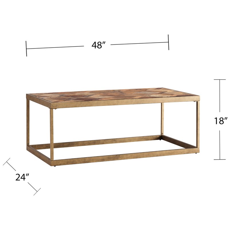 Maklaine Modern Patchwork Wood Top Coffee Table in Brass Finish