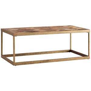 maklaine modern patchwork wood top coffee table in brass finish