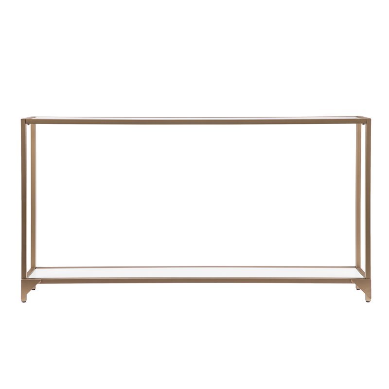 Maklaine Modern Narrow Metal Console in Gold with White Glass