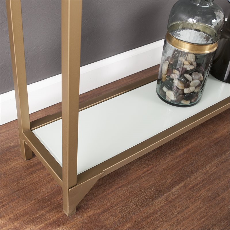 Maklaine Modern Narrow Metal Console in Gold with White Glass