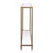 Maklaine Modern Narrow Metal Console in Gold with White Glass