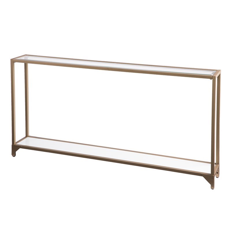 Maklaine Modern Narrow Metal Console in Gold with White Glass