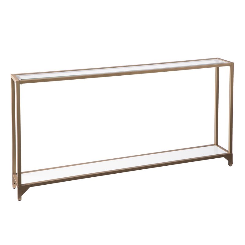 Maklaine Modern Narrow Metal Console in Gold with White Glass