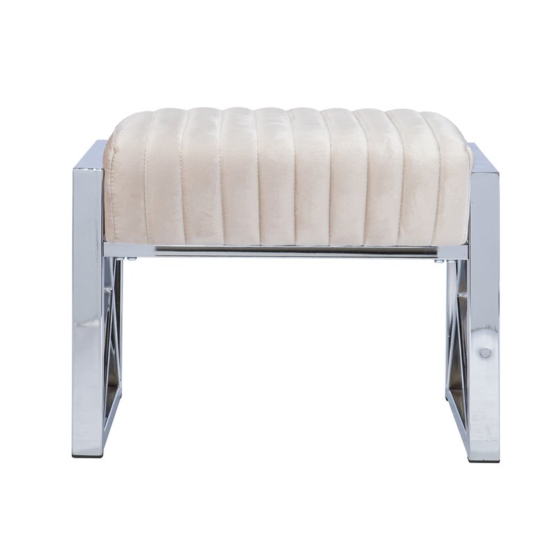 Maklaine Modern Velvet Ottoman in Champagne Beige-Chrome Finish