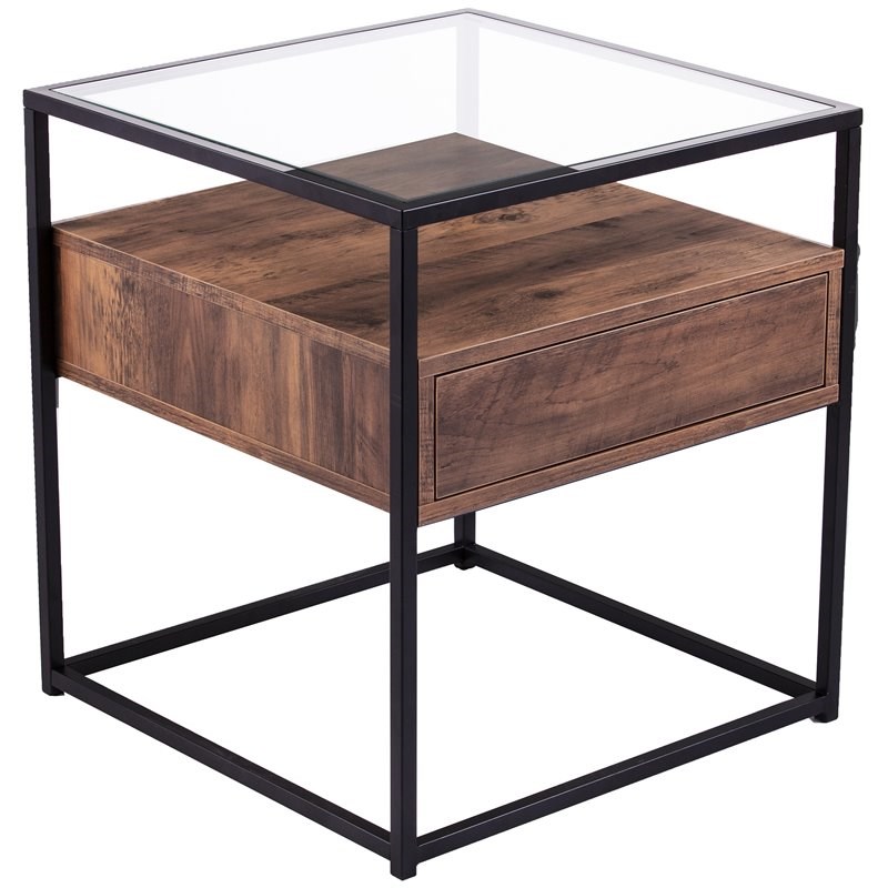 Maklaine Modern 1 Drawer Glass Top End Table in Black and Natural