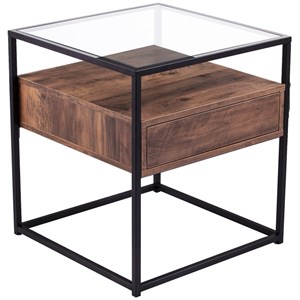 Maklaine Modern 1 Drawer Glass Top End Table in Black and Natural