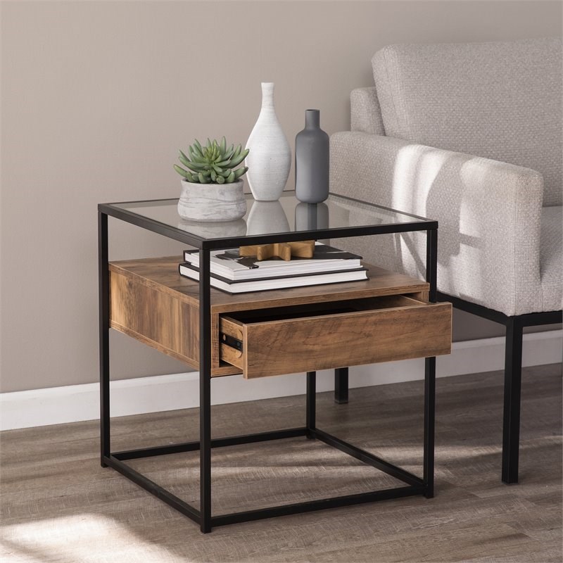 Maklaine Modern 1 Drawer Glass Top End Table in Black and Natural