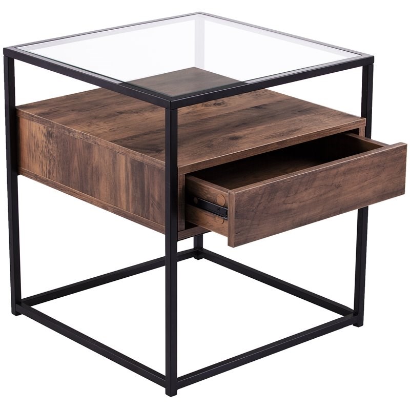 Maklaine Modern 1 Drawer Glass Top End Table in Black and Natural