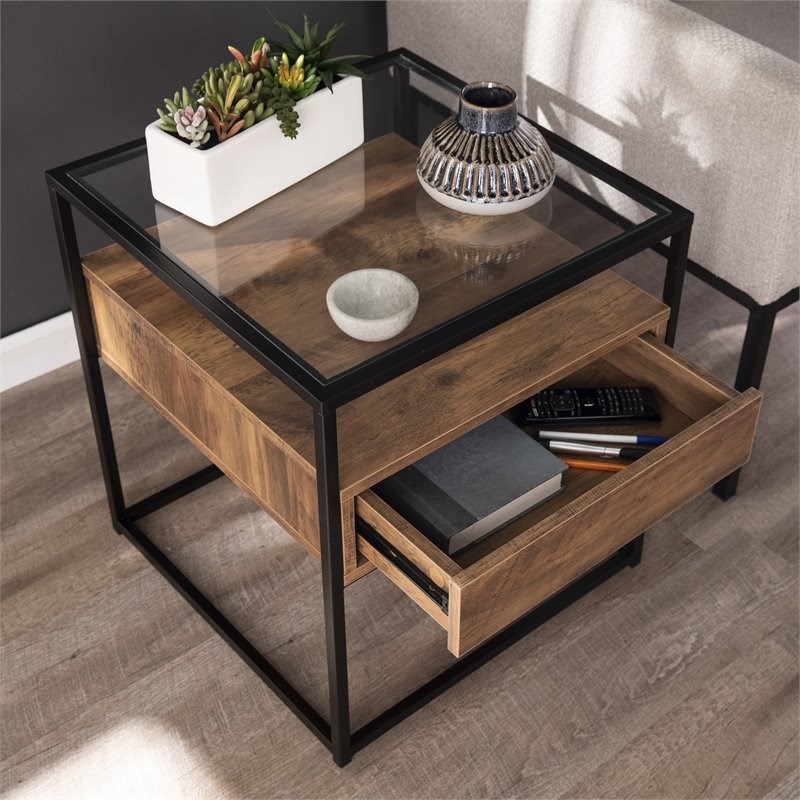 Maklaine Modern 1 Drawer Glass Top End Table in Black and Natural