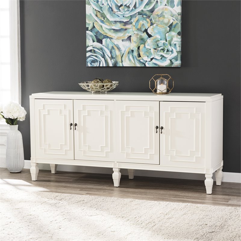 Maklaine Transitional Low Profile Accent Cabinet in Antique White