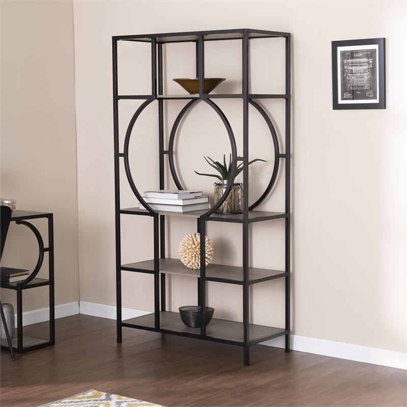 Maklaine Transitional 5 Tier Metal Bookcase in Natural and Black