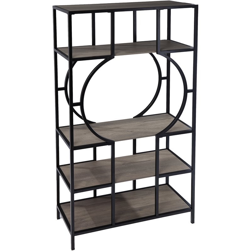 Maklaine Transitional 5 Tier Metal Bookcase in Natural and Black