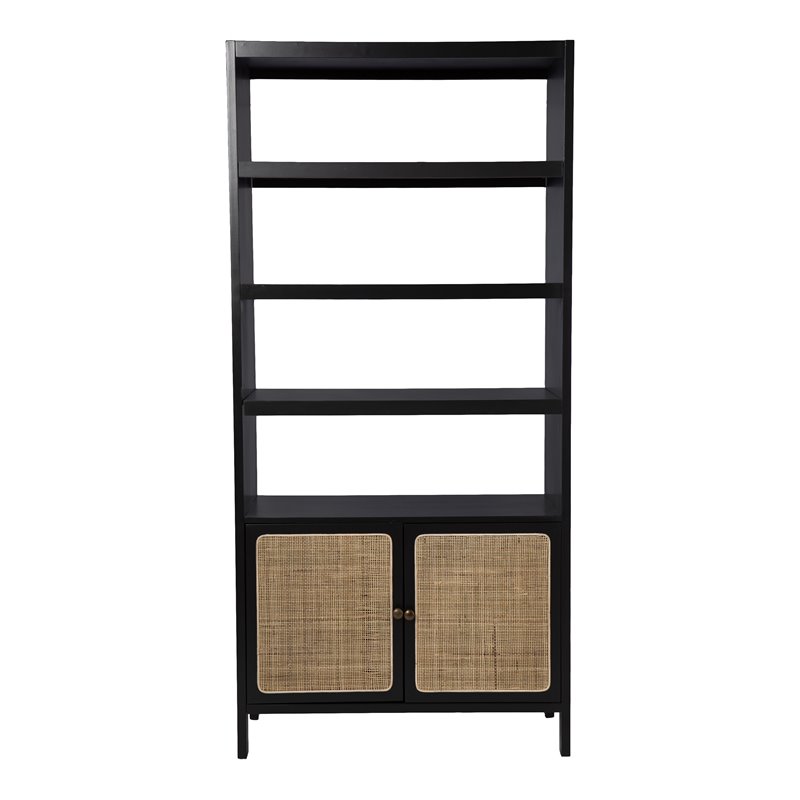 Maklaine Transitional Bookcase with Storage in Black-Gold-Natural