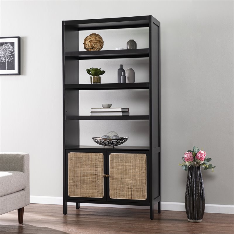 Maklaine Transitional Bookcase with Storage in Black-Gold-Natural