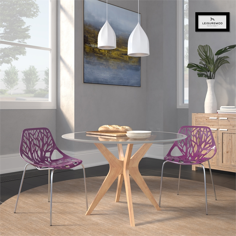 Maklaine Modern Dining Side Chair With Chromed Legs in Purple (Set of 2)