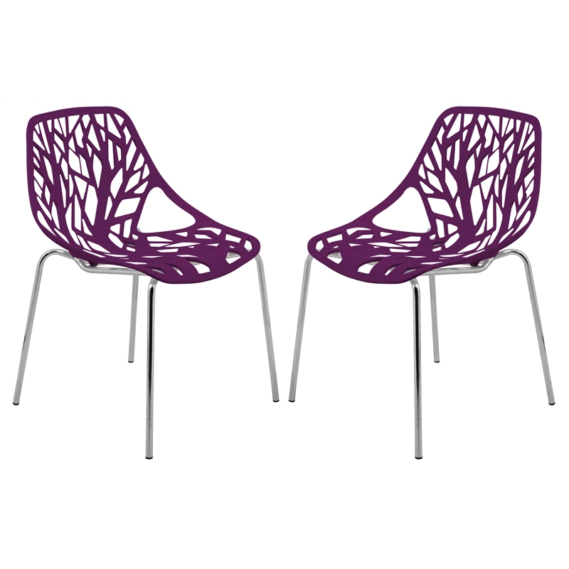 Maklaine Modern Dining Side Chair With Chromed Legs in Purple (Set of 2)
