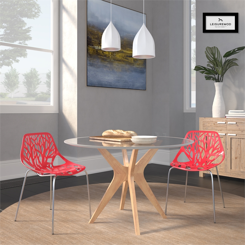 Maklaine Modern Dining Side Chair With Chromed Legs in Red (Set of 2)