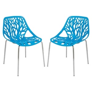 Maklaine Modern Dining Side Chair With Chromed Legs in Blue (Set of 2)