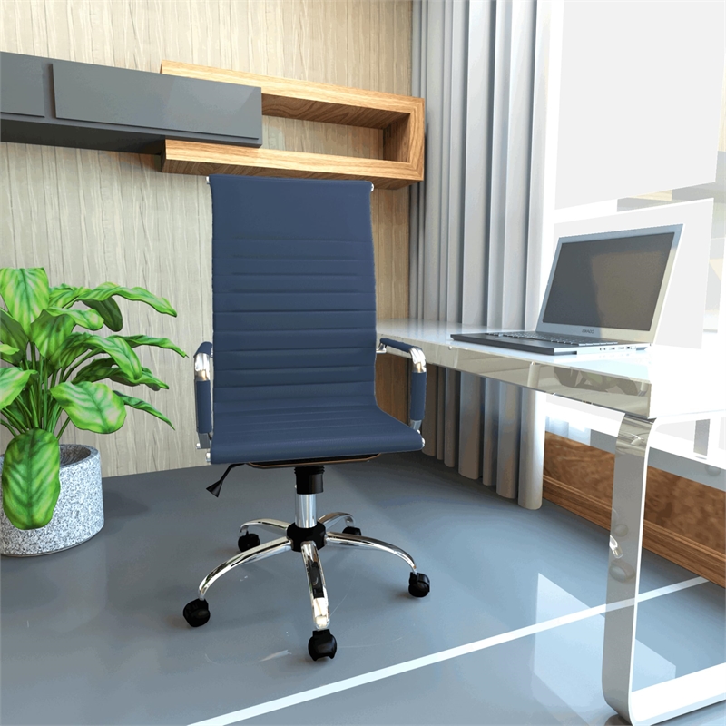 Maklaine Leather High-Back Task Office Chair in Navy Blue Finish