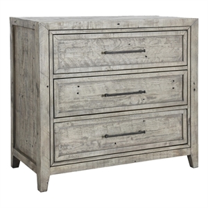 maklaine 3 drawer wooden chest with rough hewn saw texture detail in gray