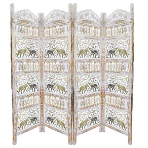 maklaine 4 panel wood room divider with elephant carvings in gold & white