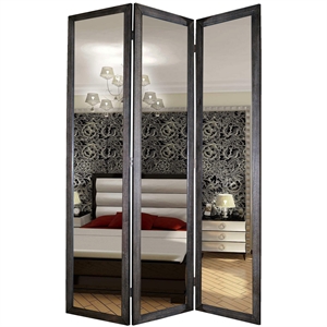 maklaine 3 panel wooden foldable mirror encasing room divider in gray and silver