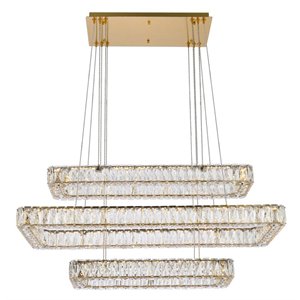 Maklaine 42&quot Rectangle Crystal LED Triple Pendant in Gold Finish