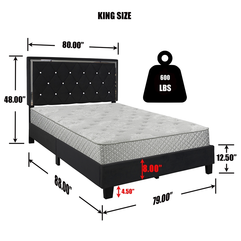 Maklaine Velvet Upholstered King Platform Bed in Black Finish
