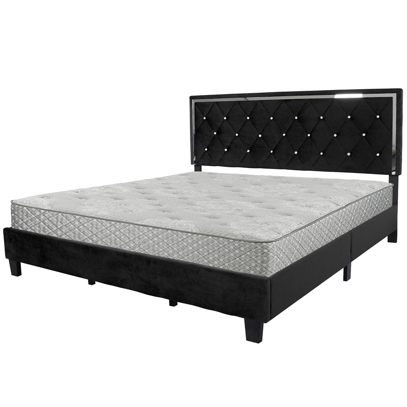 Maklaine Velvet Upholstered King Platform Bed in Black Finish