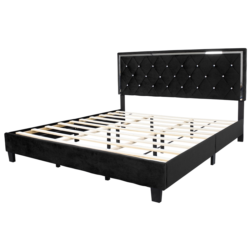 Maklaine Velvet Upholstered King Platform Bed in Black Finish