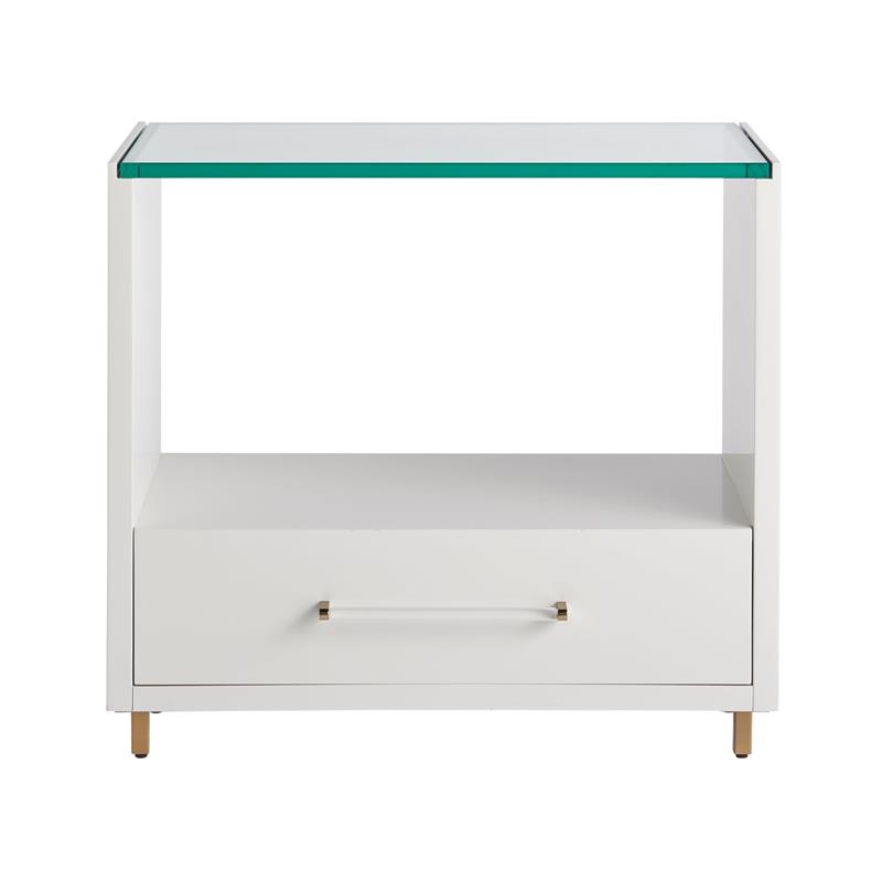 Maklaine Wood Transitional Nightstand with Glass Top in White