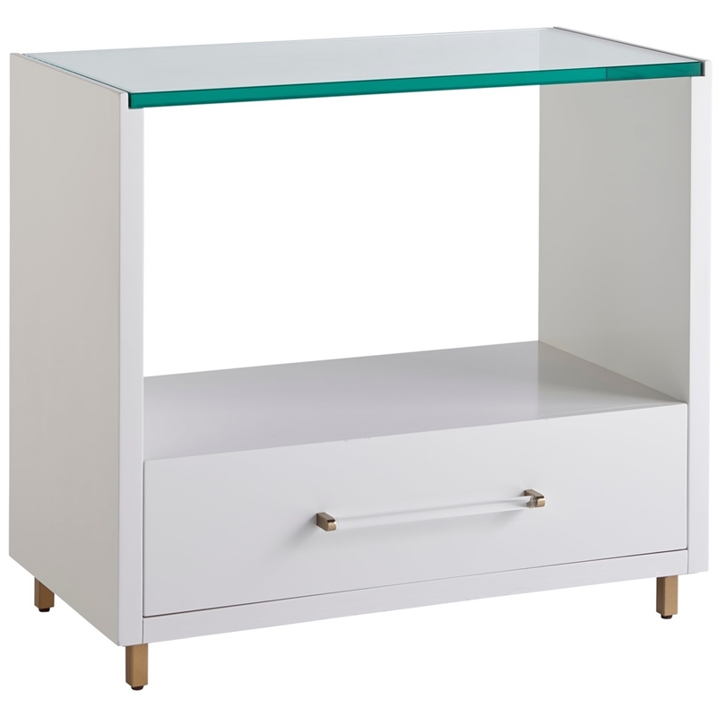 Maklaine Wood Transitional Nightstand with Glass Top in White