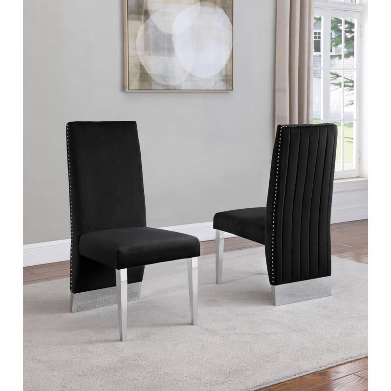Maklaine Black Tufted Velvet Accent Side Chairs in Silver Chrome (Set of 2)