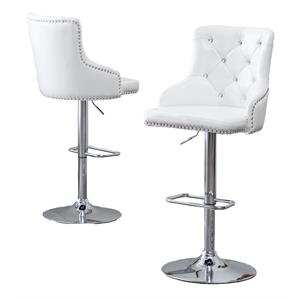 maklaine adjustable bar stools w/ white faux leather & crystal tufts (set of 2)