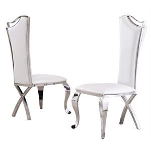 Maklaine White Faux Leather Side Chairs in Silver Stainless Steel (Set of 2)