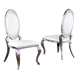 Maklaine Round Back White Faux Leather Side Chairs w/ Silver Legs (Set of 2)