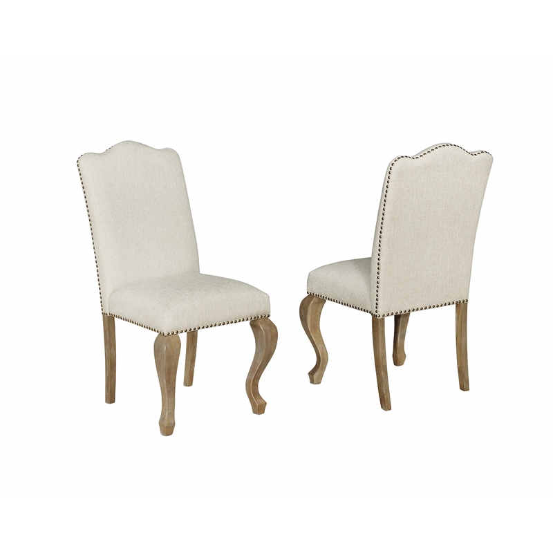 Maklaine Rustic Oak Wood Dining Chairs Upholstered in Beige Fabric (Set of 2)
