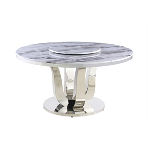 Maklaine Round White Marble Dining Table w/ Lazy Susan & Stainless Steel