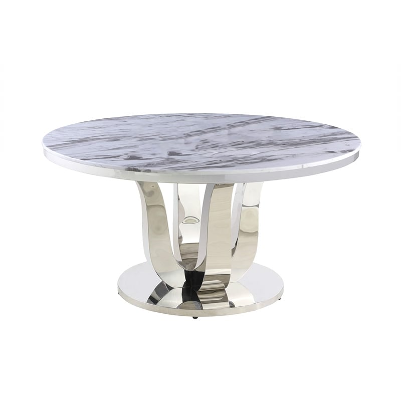 Maklaine Round White Marble Dining Table w/ Lazy Susan & Stainless Steel