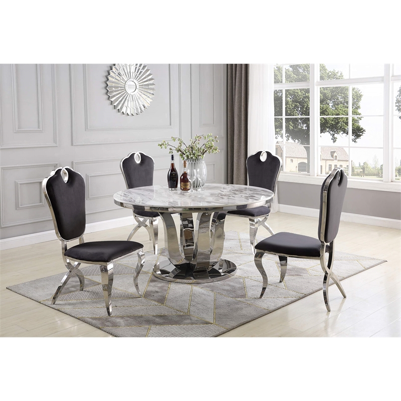 Maklaine Round White Marble Dining Table w/ Lazy Susan & Stainless Steel