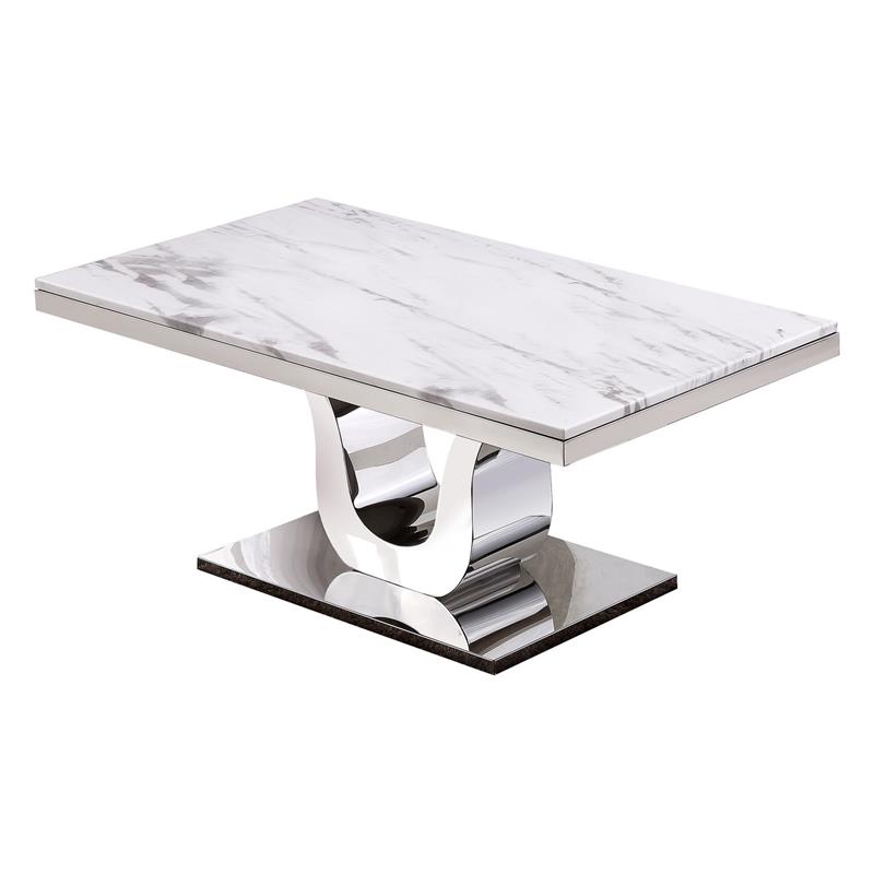 Maklaine White Marble 3pc Coffee Table Set w/ Silver Stainless Steel Base