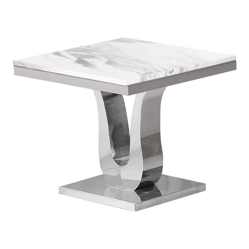 Maklaine White Marble 3pc Coffee Table Set w/ Silver Stainless Steel Base