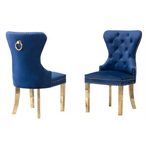 Maklaine Double Tufted Navy Blue Velvet Side Chairs w/ Gold Stainless Steel Legs