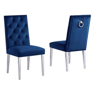 Maklaine Velvet Tufted Side Chairs in Navy Blue w/ Silver Chrome Legs (Set of 2)